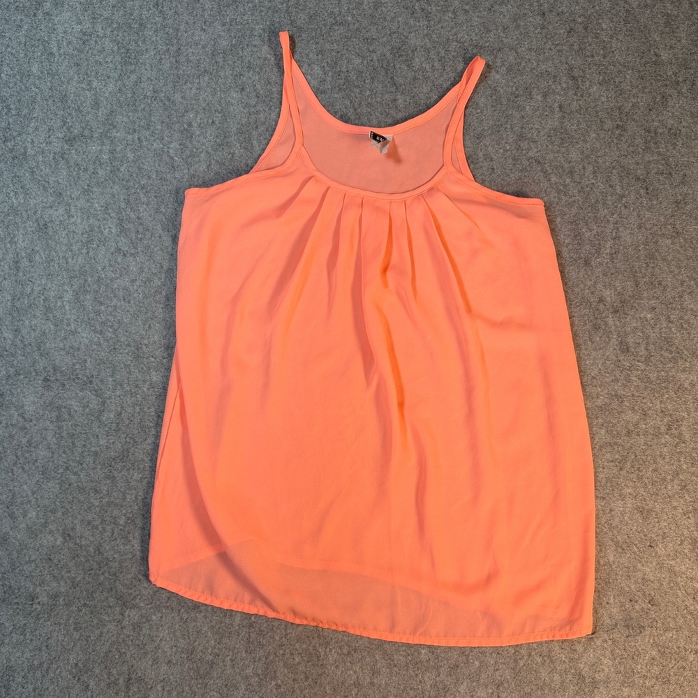 Brendas USA Womens Pleated Tank Top S Neon Orange Chiffon Spaghetti Strap